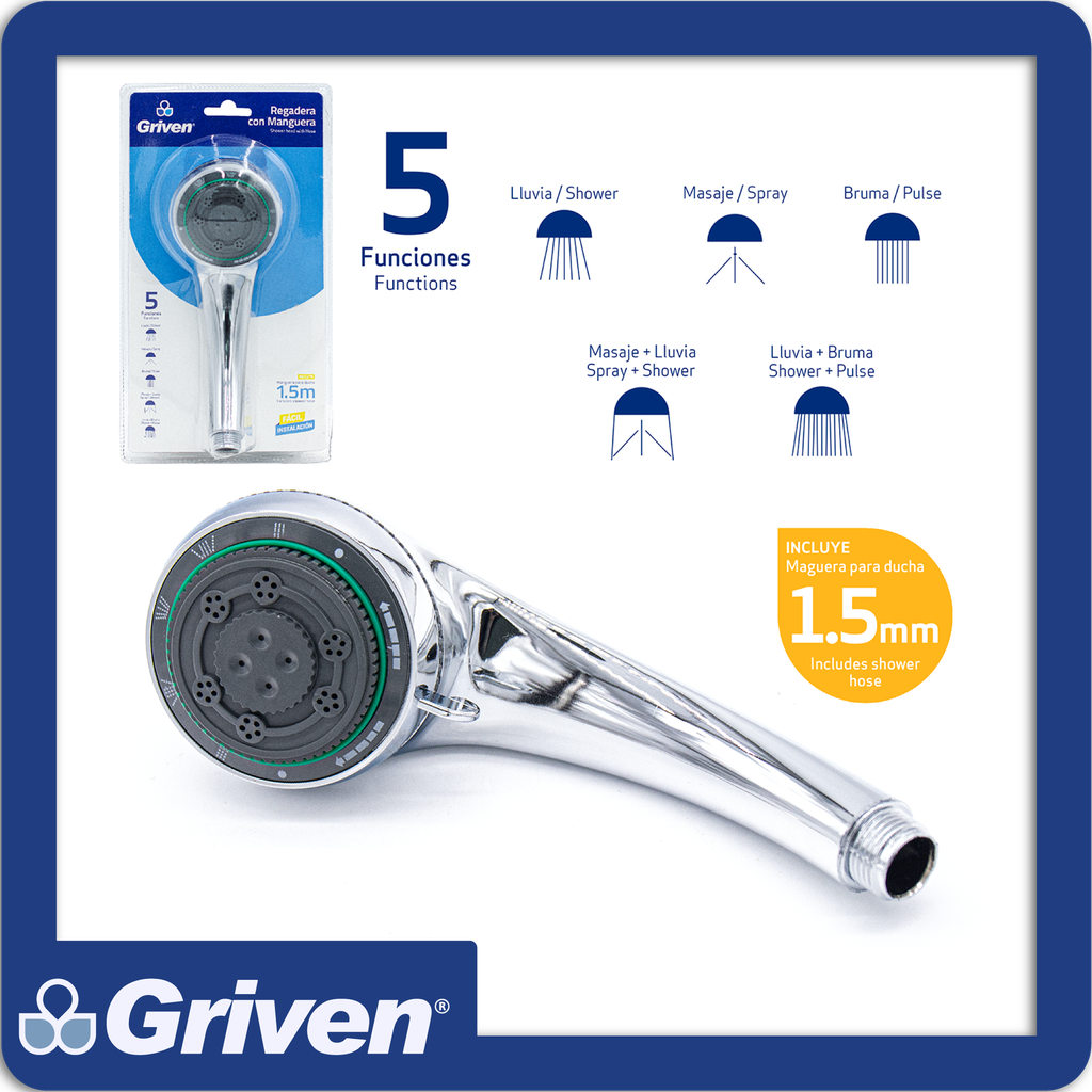 [A367-SH9014] Regadera de mano con manguera p/ducha- 5 funciones blister pza