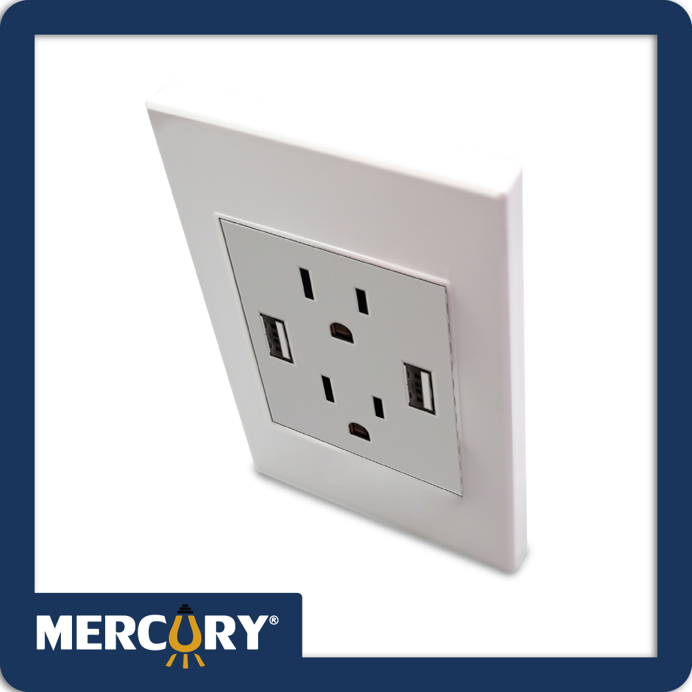 Toma doble polo tierra + usb x2 mercury premium white