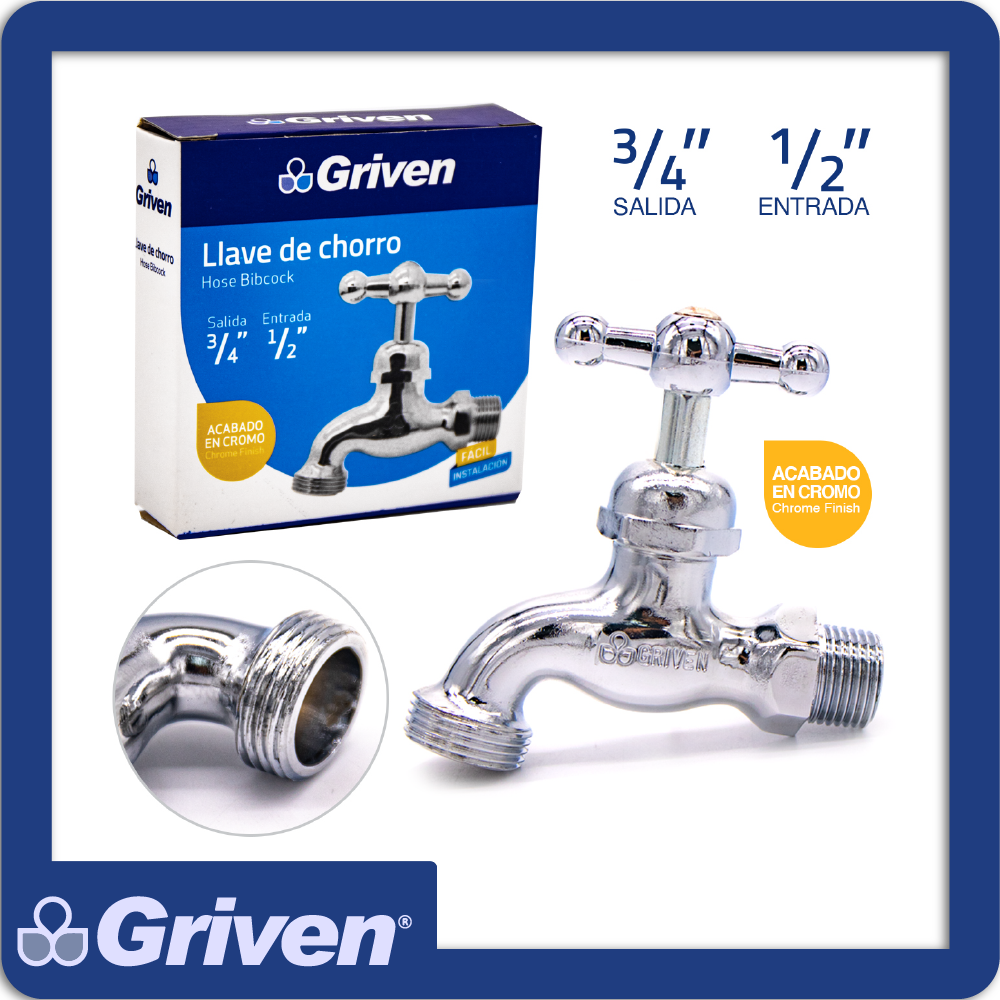 Llave de chorro en cobre acabado en cromo salida 3/4 entrada 1/2