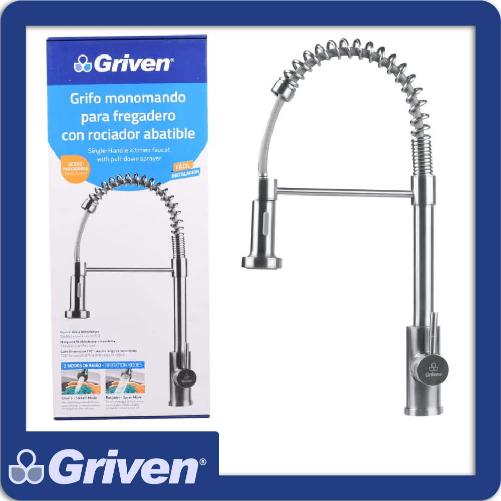 Llave monomando p/fregadero con cuello flexible dos tipos de chorro acero inoxidable acabado satin