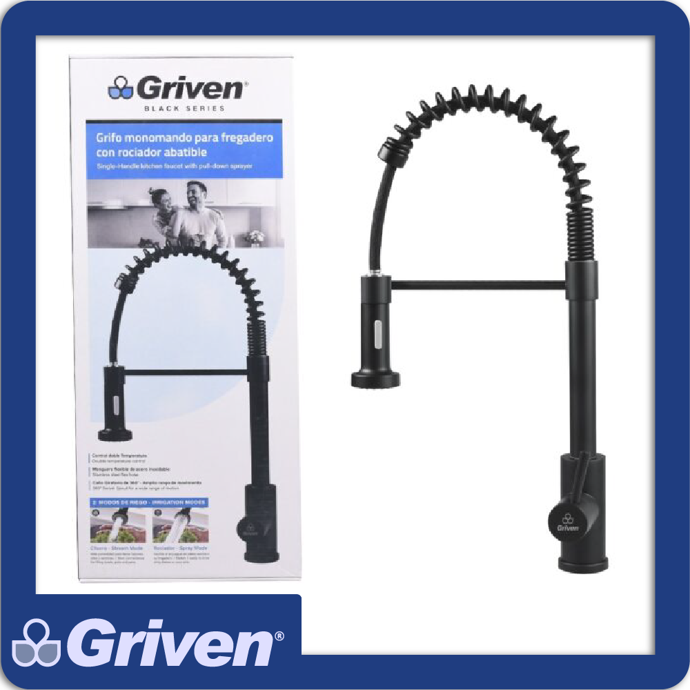 Llave monomando p/fregadero con cuello flexible dos tipos de chorro acero inoxidable acabado negro mate
