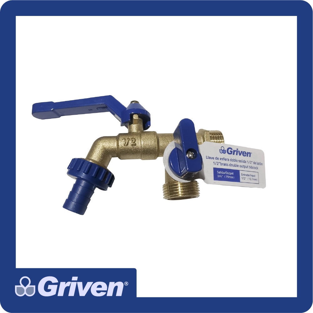 Llave jardin de esfera tipo registro 1/4" de giro doble salida 1/2" en bronce