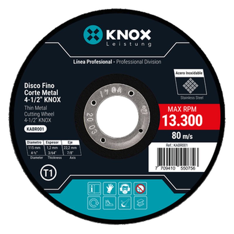 Disco fino corte metal-inox 4-1/2'' x 1,2mm x 7/8'' Knox