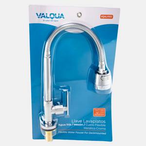 Llave lavaplatos agua fria meson cuello flexible metalico cromo