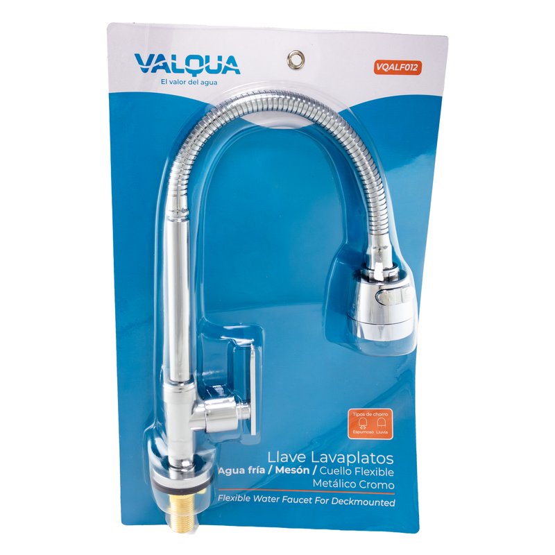[VQALF012] Llave lavaplatos agua fria meson cuello flexible metalico cromo