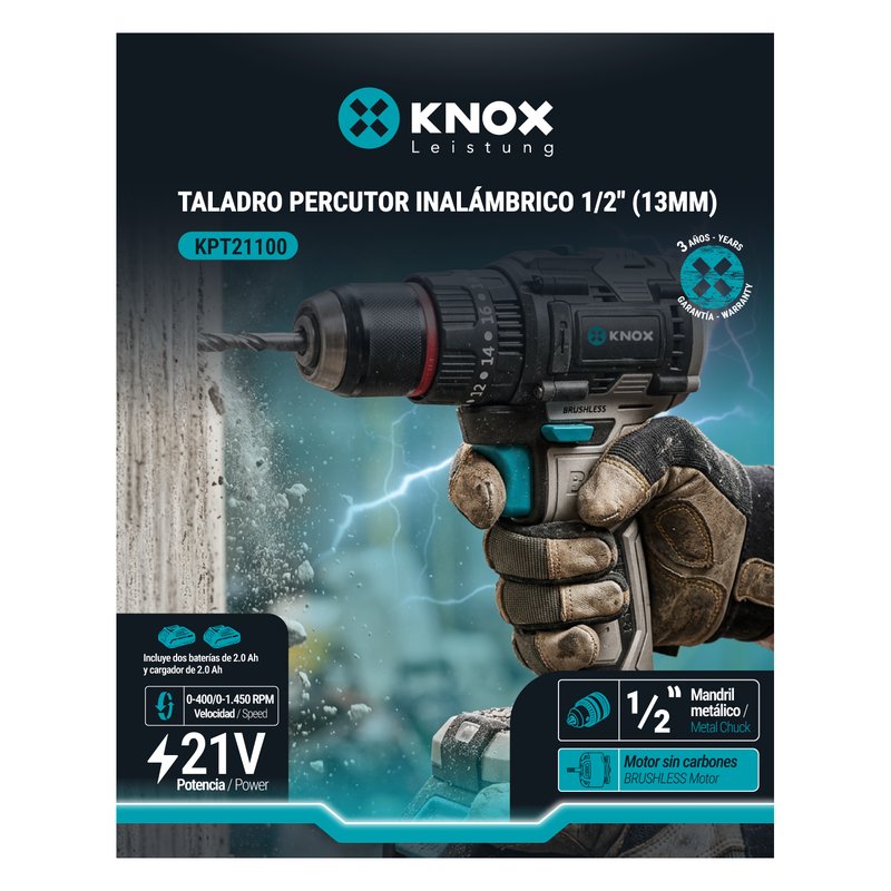 Taladro percutor inalambrico 1/2" brushless 21v 1450rpm