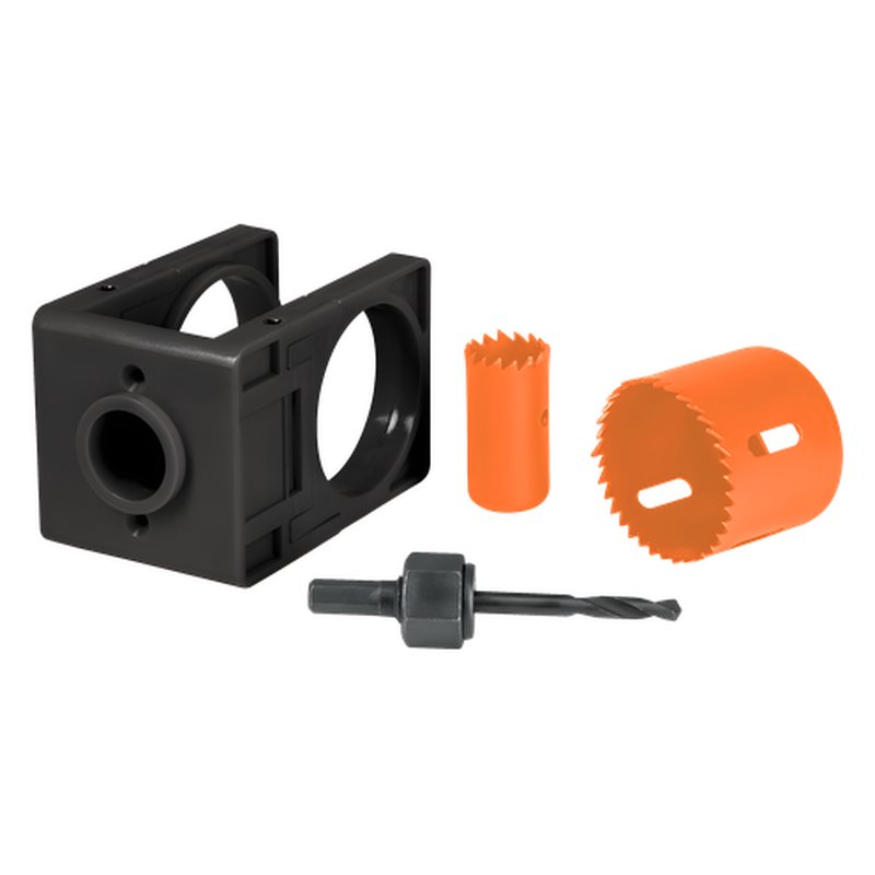 [THAC200] Set de 4 piezas para instalar cerraduras incluye: sierra copa 1" y 2-1/8", mandril 3/8, Plantilla plastica