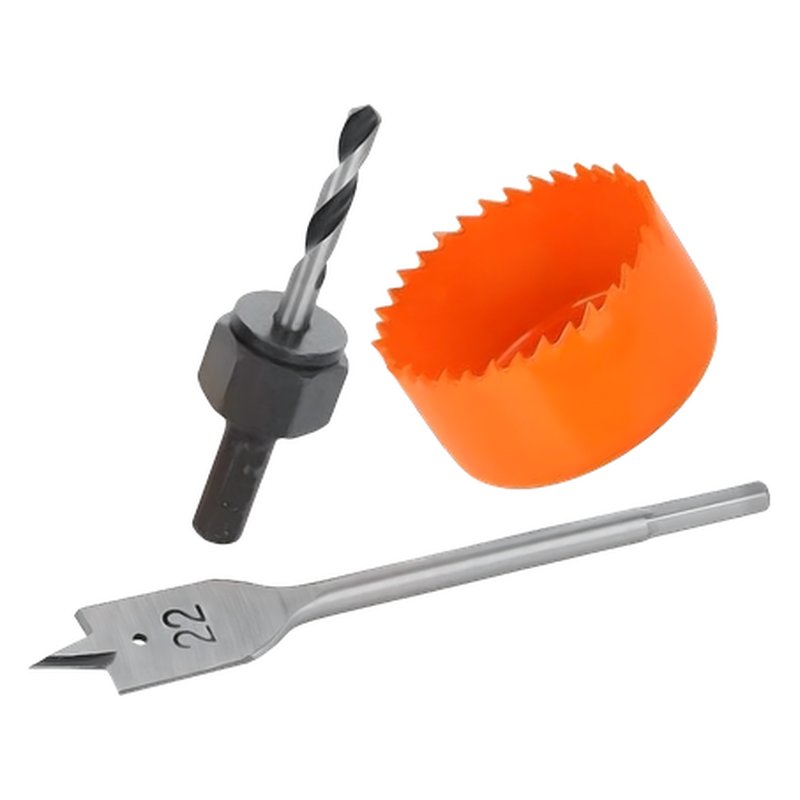 Set de 3 piezas para instalar cerraduras incluye: sierra copa 2-1/8", broca espada 7/8", mandril 3/8