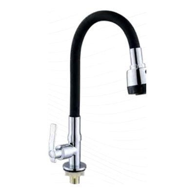 Llave lavaplatos agua fria meson cuello goma flexible negro/ cromo