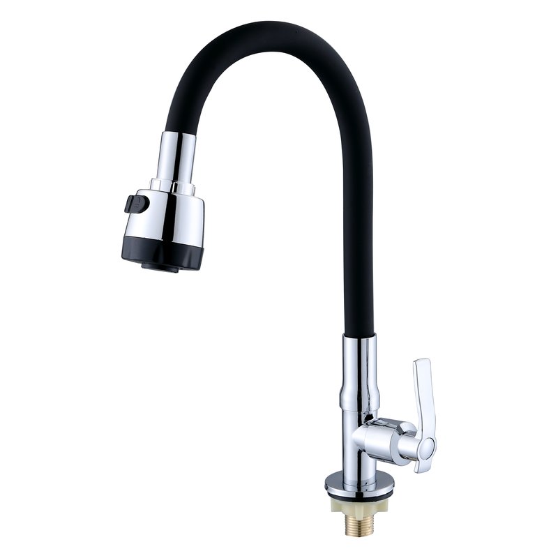 [VQALF005] Llave lavaplatos agua fria meson cuello goma flexible negro/ cromo